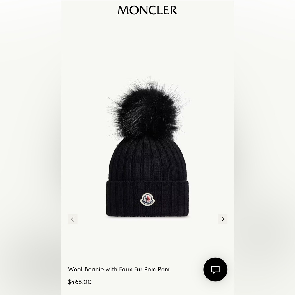 Moncler Black Beanie with Faux Fur Pom